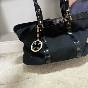 Tory Burch Black Canvas Tote with Patent Trim & Logo Charm